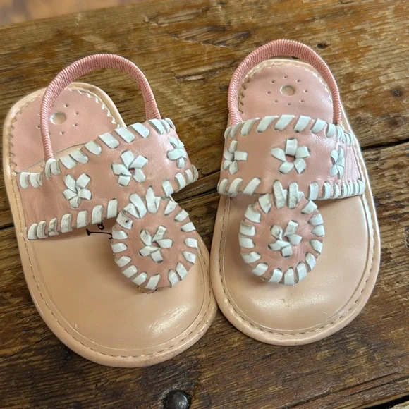 Jack Rogers Baby Jacks Flat Pink and Cream Sandals with Whipstitched Design 4